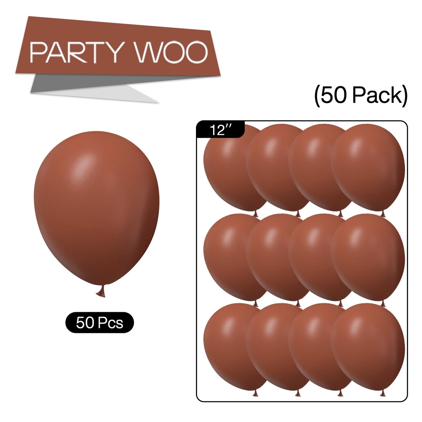 PartyWoo 12 Inch Brown Rubber Balloons - 50 pcs Boho Chocolate Brown for Party Decorations, Birthday Decor, Model 4711100072458