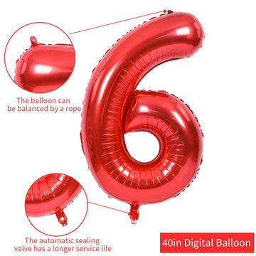 Toniful 40 Inch Red Large Numbers Balloons 0-9, Number 6 Digital 6 Helium Balloons, Foil Mylar Big Number Balloons For Birthday