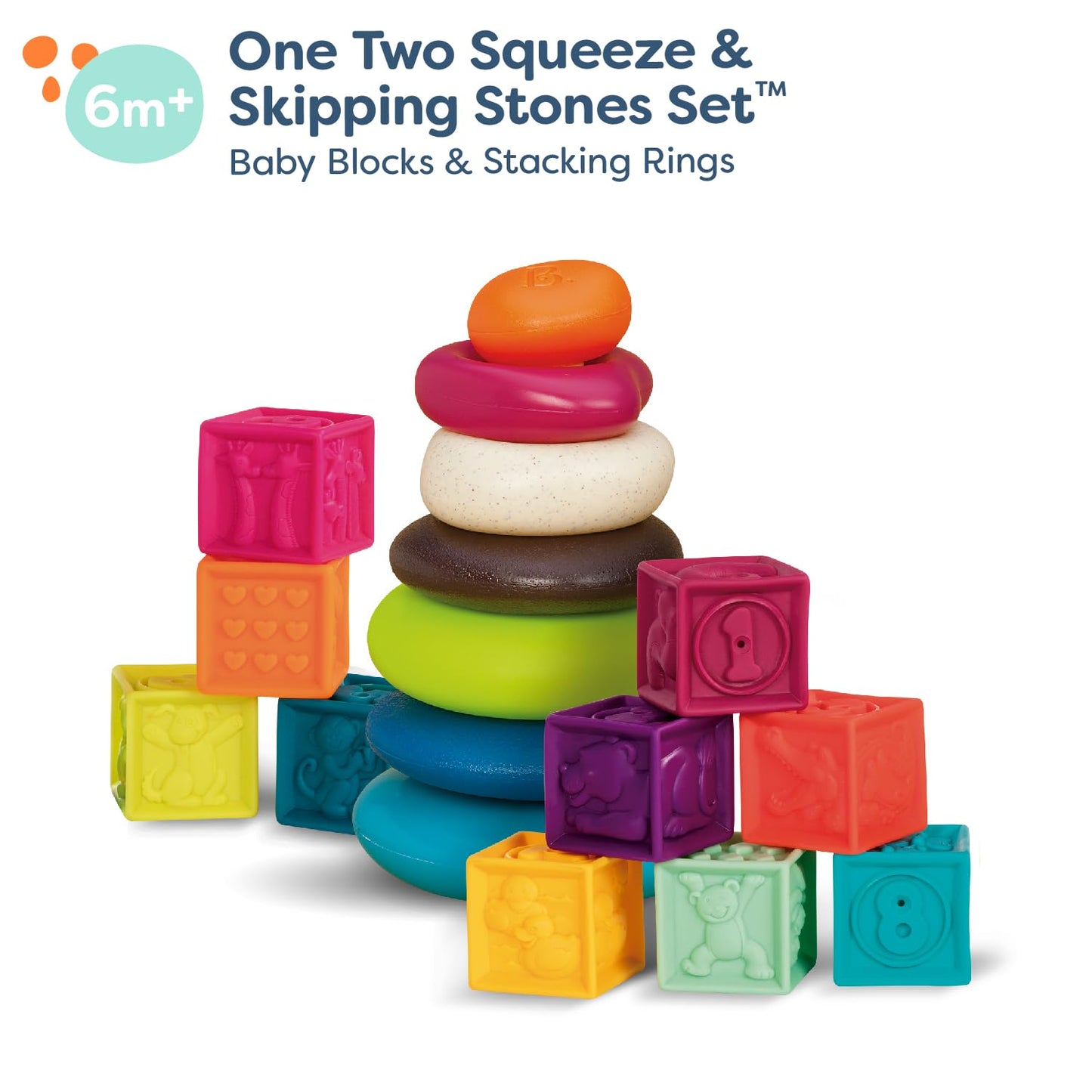 B. Toys- B. Baby –Baby Blocks & Stacking – 10 Numbered Blocks & 5 Colorful Rings – Building Play Set For Infants – Educational Toys – One Two Squeeze & Stacking Stones - 6 Months +