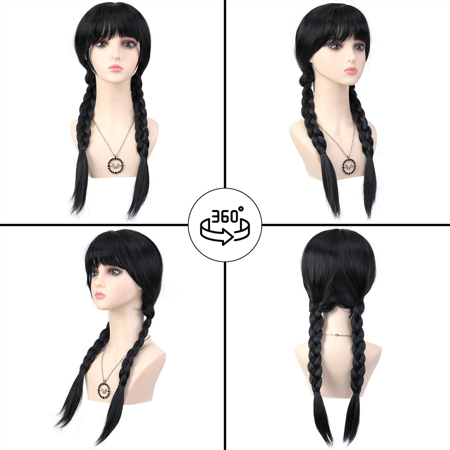 Bettecos Long Black Braided Wig For Girls With Necklace Heat Resistant Synthetic Pigtails Hair Wigs For Kids Halloween Party Cos