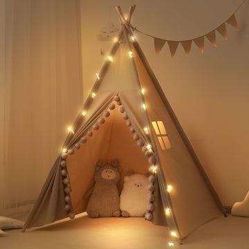 Rongfa Kids-Teepee-Tent With Lights &Large Pompoms & Carry Bag, Machine Washable Teepee Tent For Kids Indoor Tent, Foldable Toddler Tent For Kids -Toddler Teepee Tent For Girls & Boys(Without Mat)