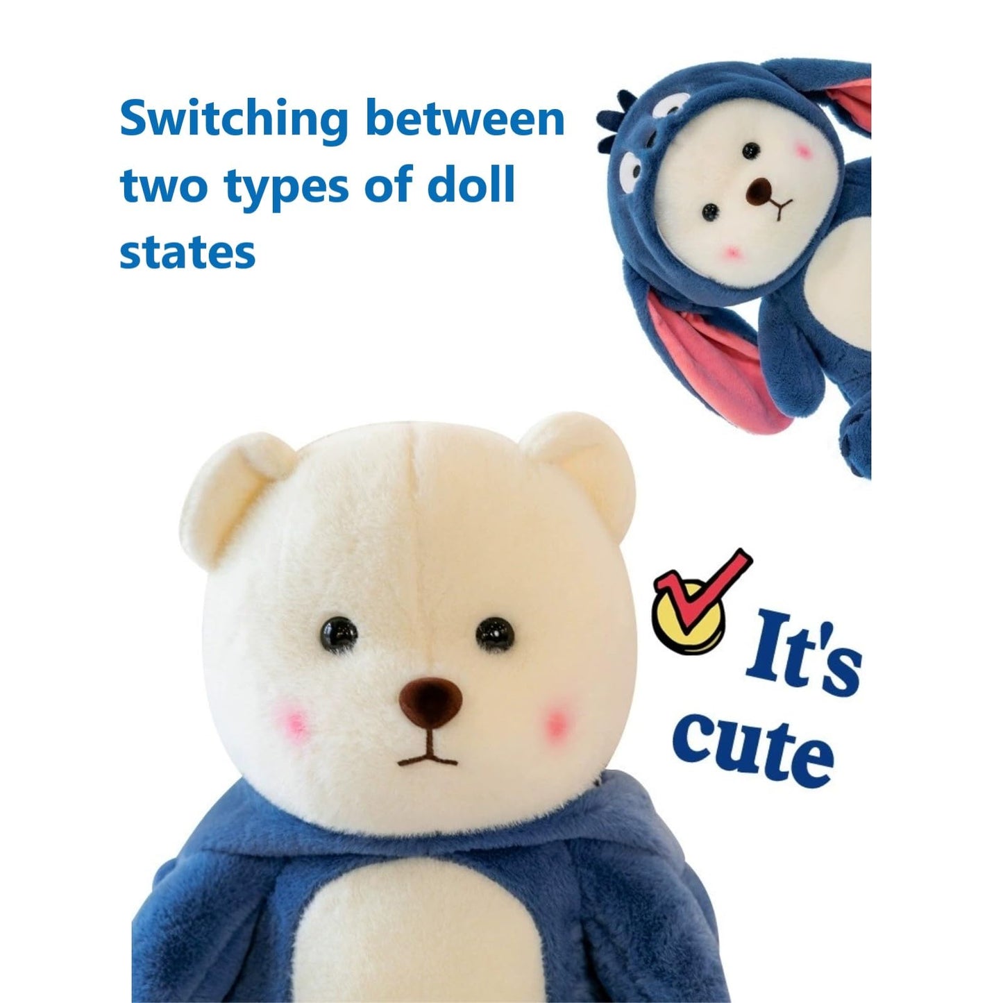 Bilibang Cartoon Plush Cross-Dressing Teddy Bear Plush Toy, Cute Teddy Bear with Removable Stitchhat (Blue StitchBear, 11 inch /