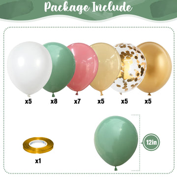 Retro Green Pink Balloons, 35Pcs Sage Green Dusty Pink Metallic Gold Latex Balloons Set, Olive Green Pink White Gold Confetti Ba