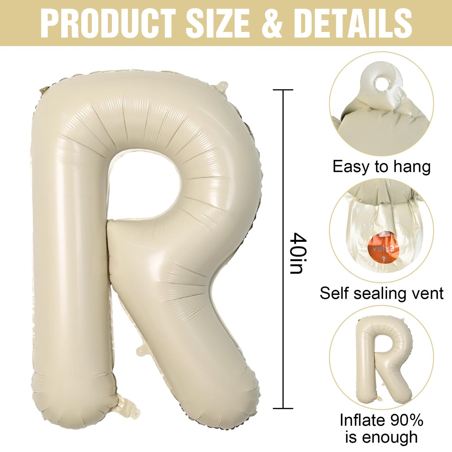 Letter Balloons Beige,40 Inch Letter R Balloons,A-Z Alphabet Name Foil Balloons,Big Single Cream Aluminum R Word Balloons Helium