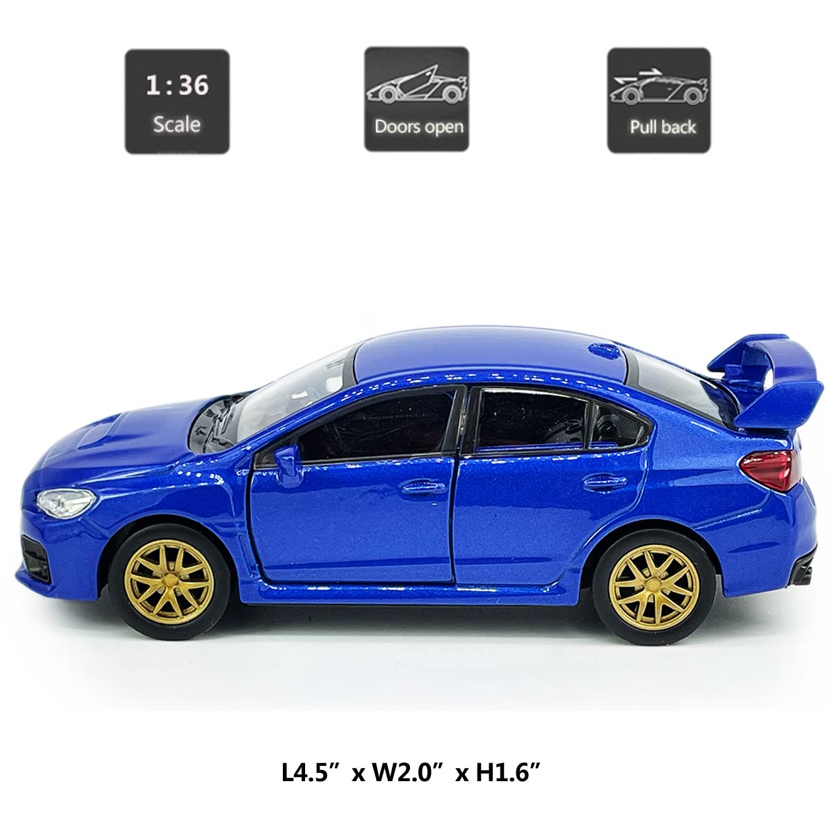 Impreza WRX STI Toy Car Racing Sports Diecast Model Car 1/36 Scale Metal Pull Back Vehicle, Doors Open, Zinc Alloy Casting, Boys