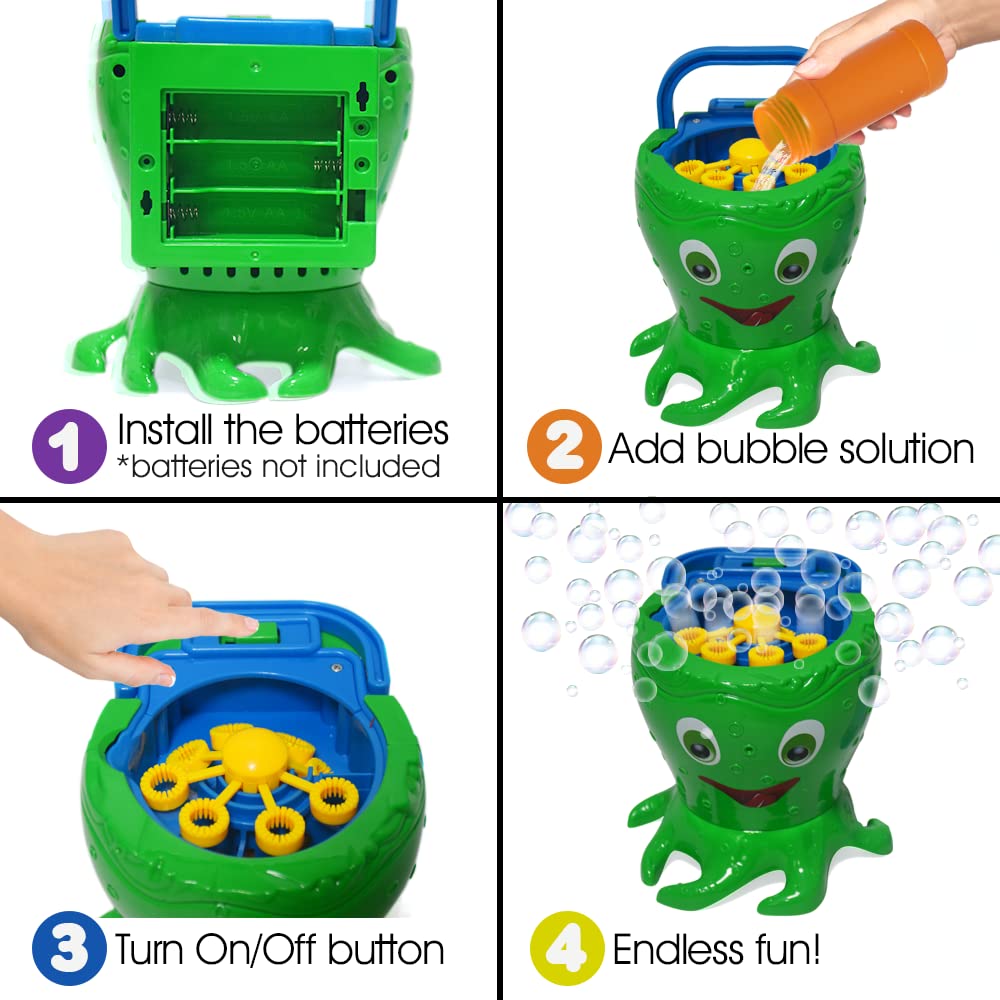 Artcreativity Octopus Bubble Machine For Kids, Includes 1 Bubbles Blowing Toy With Carry Handle And 1 Bottle Of Solution, Fun Su