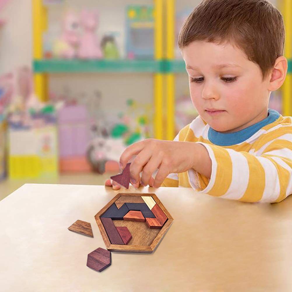 KINGOU Hexagon Tangram Puzzle - Wooden Brain Teaser for Kids & Adults, Family Fun Game, Model Puzzle-102R