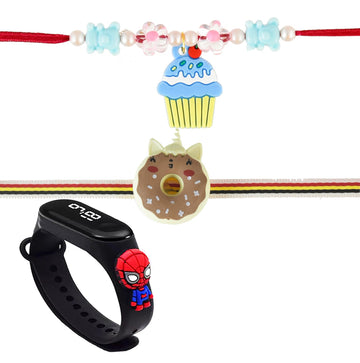 Brown Leaf Pack Of 3 Trending Kids Rakhi Bracelets Set With Cartoon Watch For Rakshabandhan Favor (Design 4)