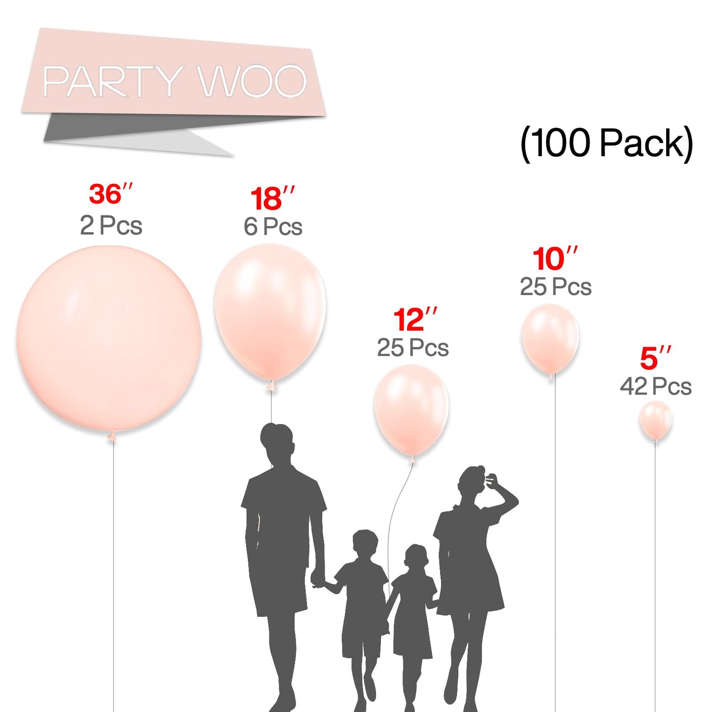 PartyWoo Pink Balloons, 100 Pcs in 5"-36" Sizes, Rubber Material, Perfect for Garland & Arch Decorations, Pink-Q01