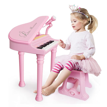Love&Mini Piano Toy Keyboard Pink 31 Keys For Age 3+ Year Old Girls Birthday Gifts, Kids Keyboard Toy Instruments Pink Piano With Microphone And Stool