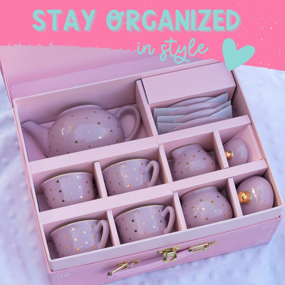 Porcelain Tea Set for Girls - Lavender & Gold Polka Dot Tea Party Set for Kids I Complete Children Tea Sets with Carry Case, Bir