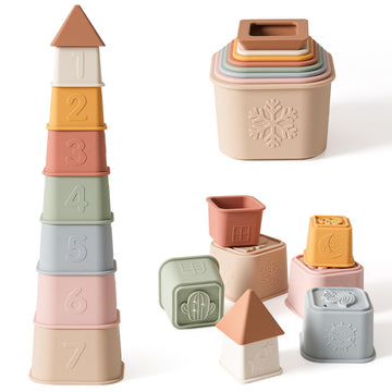 Yiveko Baby Stacking Cups Toy, Silicone Stacking Tower, Silicone Soft Teething Toy Educational Baby Toys, Baby Building Toys Blo