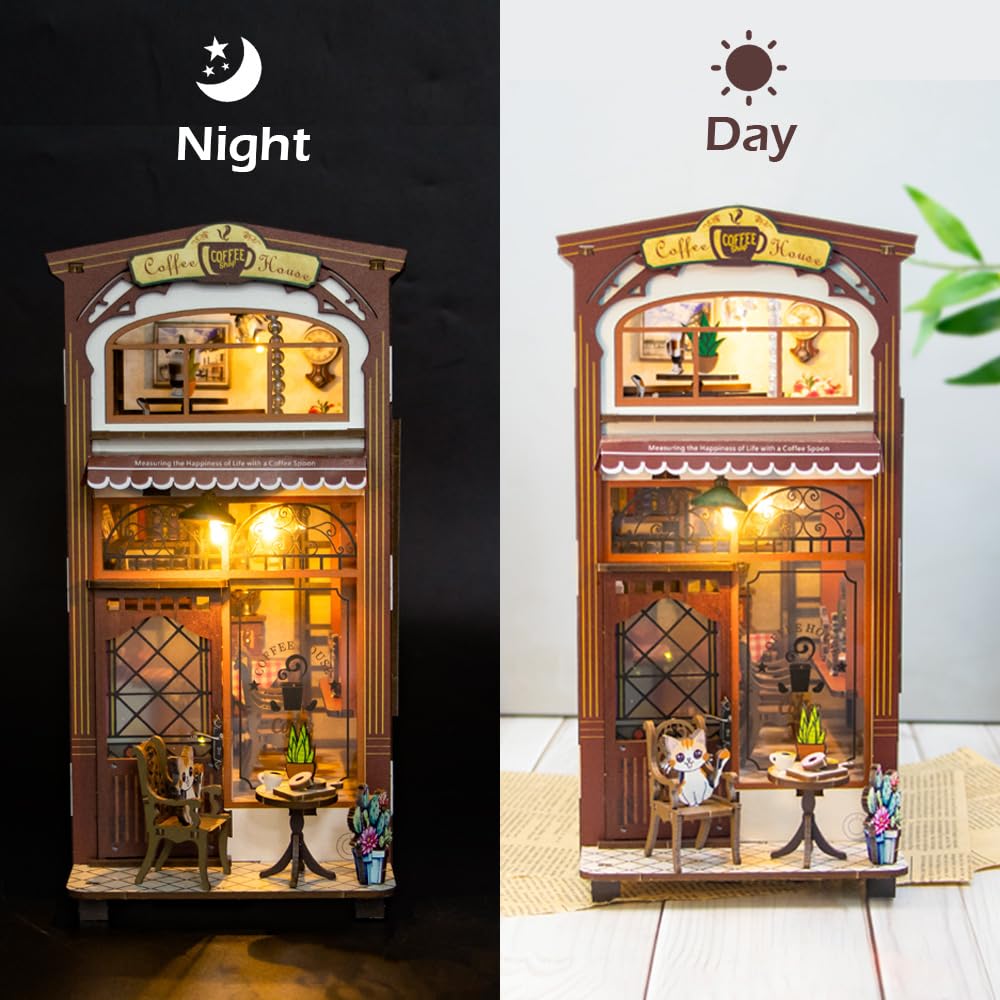 Book Nook Kit,Dollhouses Caf   Miniature Wooden Doll House Kit, With Furniture And Led Light, Accessories Educational Toys, For