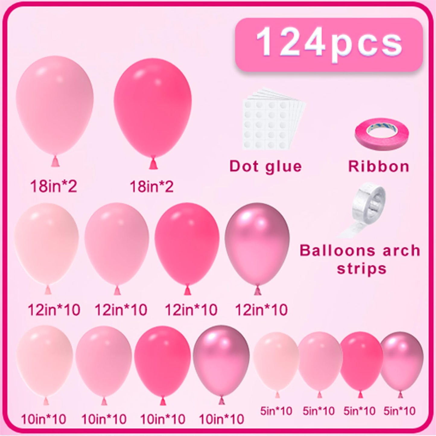 Nisocy Pink Balloons Garland Arch Kit, 18In 12In 10In 5In Different Size 124Pcs Hot Pink Metallic Pink Balloons For Pink Party,