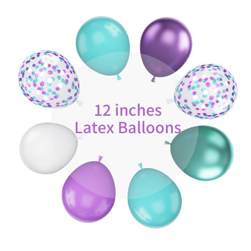 Mermaid Balloons, 12 Inches Purple And Green Balloons Teal Purple White Metallic Confetti Green Purple For Girls Mermaid Birthda