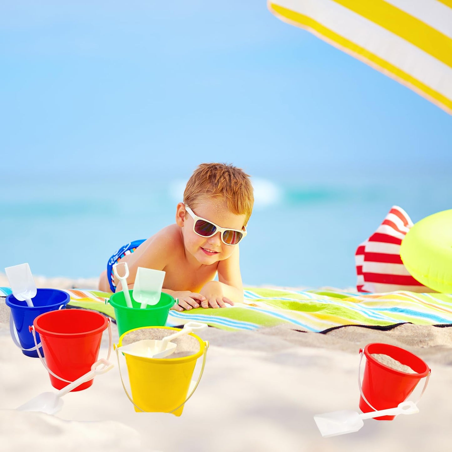 The Dreidel Company Beach Day Playsets, (Pack of 3) 5.25'' Sand Bucket Play Set Box Includes, Pail & Shovel Sand Toy for Boys an