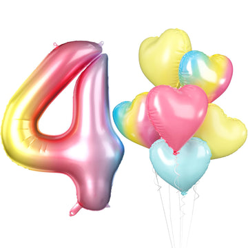 Biapian 40 Inch Rainbow Number 4 Balloons, 7Pcs Gradient Large 4Th Birthday Balloons With 18'' Foil Heart Balloon Helium For 4Th