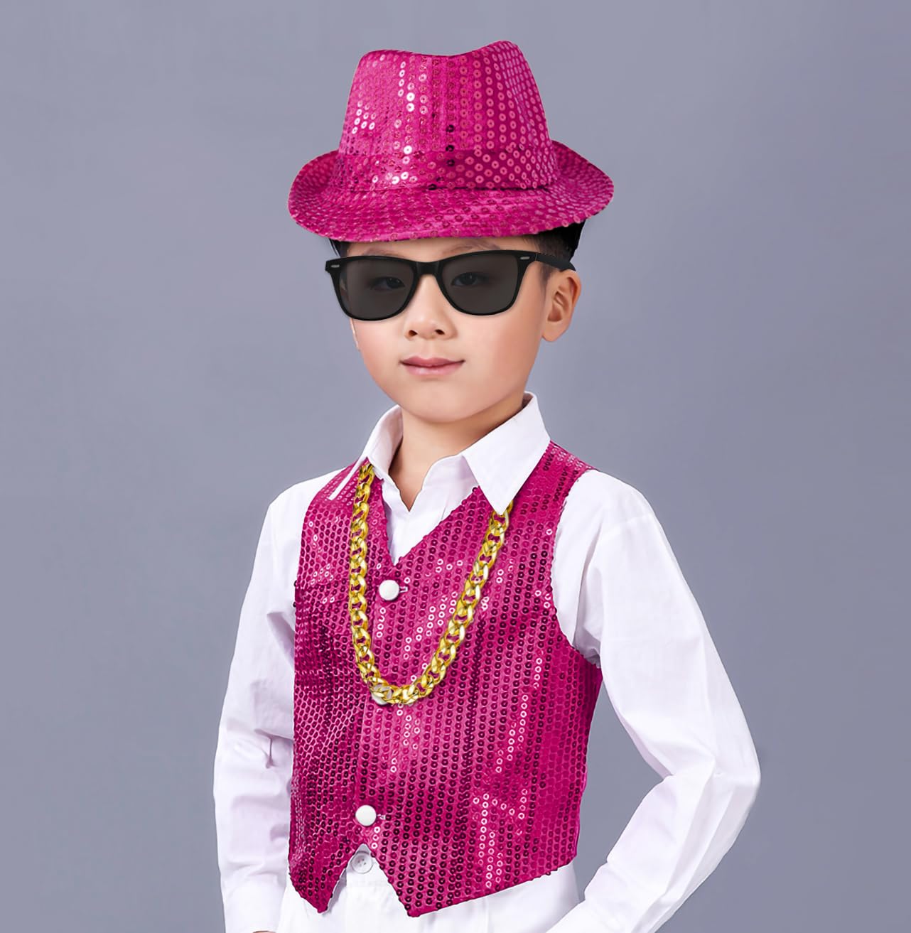 Kids Dance Hip Hop Jazz Costume Boys Sequin Vest Hat Sunglasses Set For Dance Party 3-4T Rose