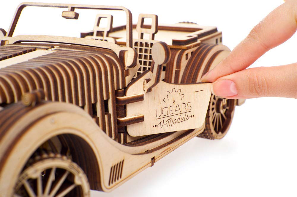 UGEARS VM-01 Roadster Vehicle - 3D Wooden car DYI - Fun Projects for mature-themeds- 3D Mechanical Working Model Idea - Plywood Material with Transmission Integrated - Great Gift for Car Lovers