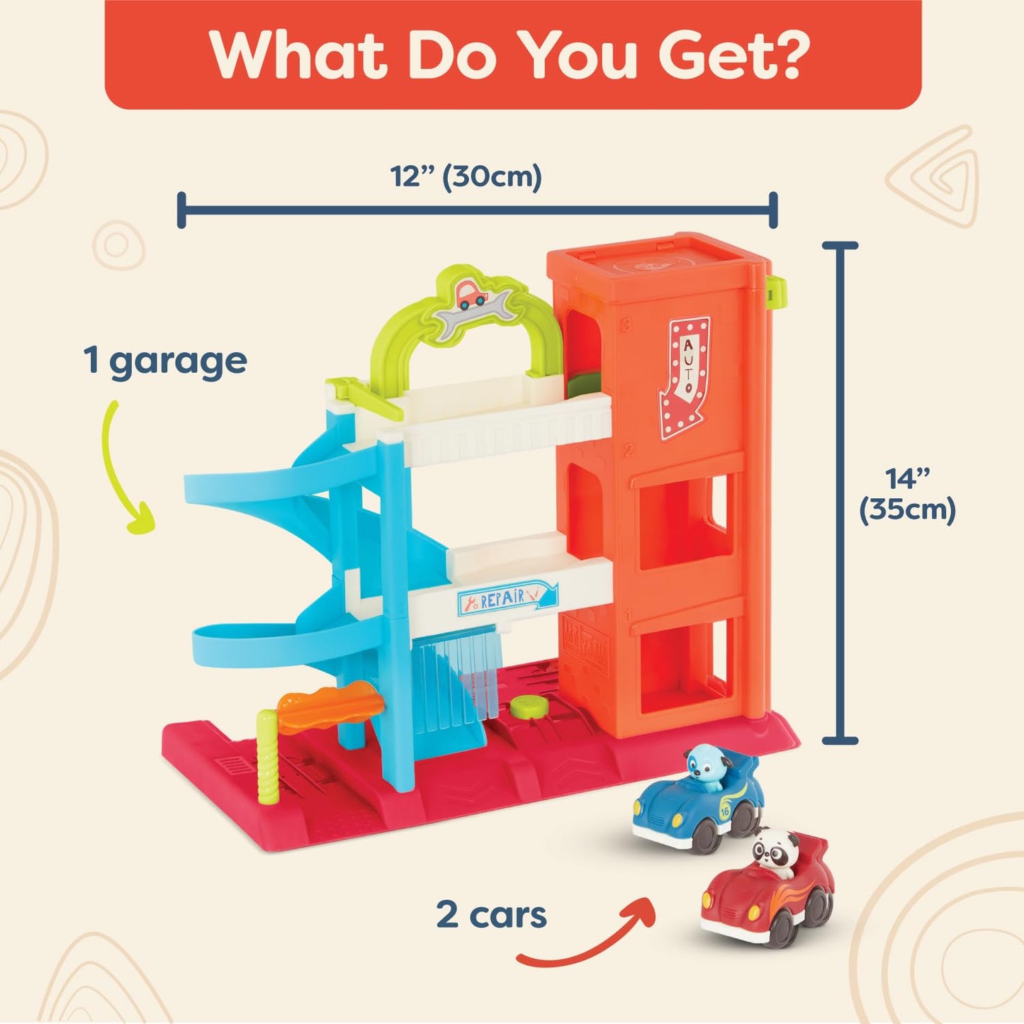 B. Toys– Bingo’S Garage- Vehicle Playset Car Garage With Spiral Ramp - Working Elevator With 2 Toy Cars- 3 Floor Playset- 18 Months +