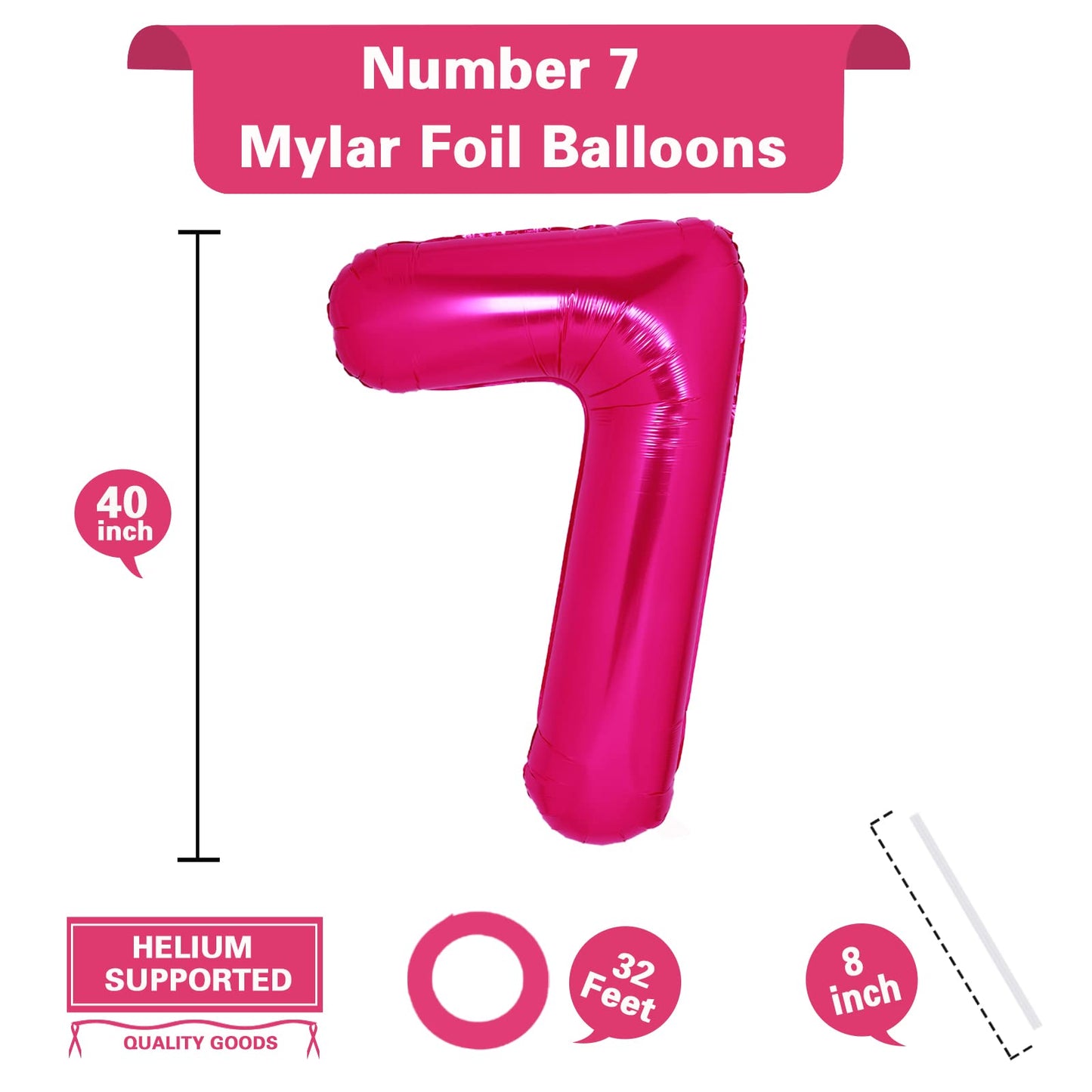 40 Inch Giant Hot Pink Number 7 Balloon, Helium Mylar Foil Number Balloons For Birthday Party, 7Th Birthday Decorations For Kids