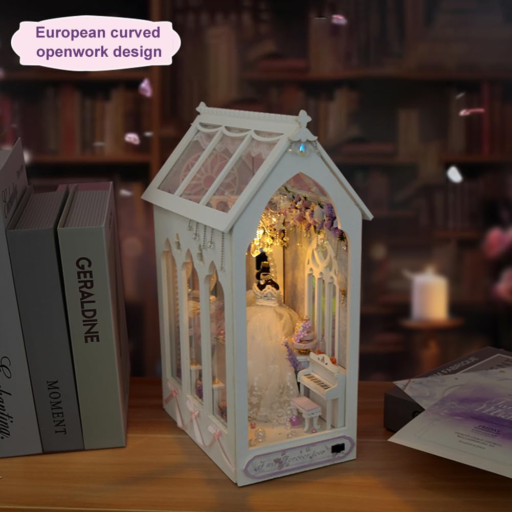 TOPBSFARNY DIY Doll House with Musical Movement  Wedding Theme Book Nook Kit  Illusion Mirror Design Miniature Dollhouse Kit  Booknook Bookshelf Desktop Decor Model Build for mature-themed Wedding Gift