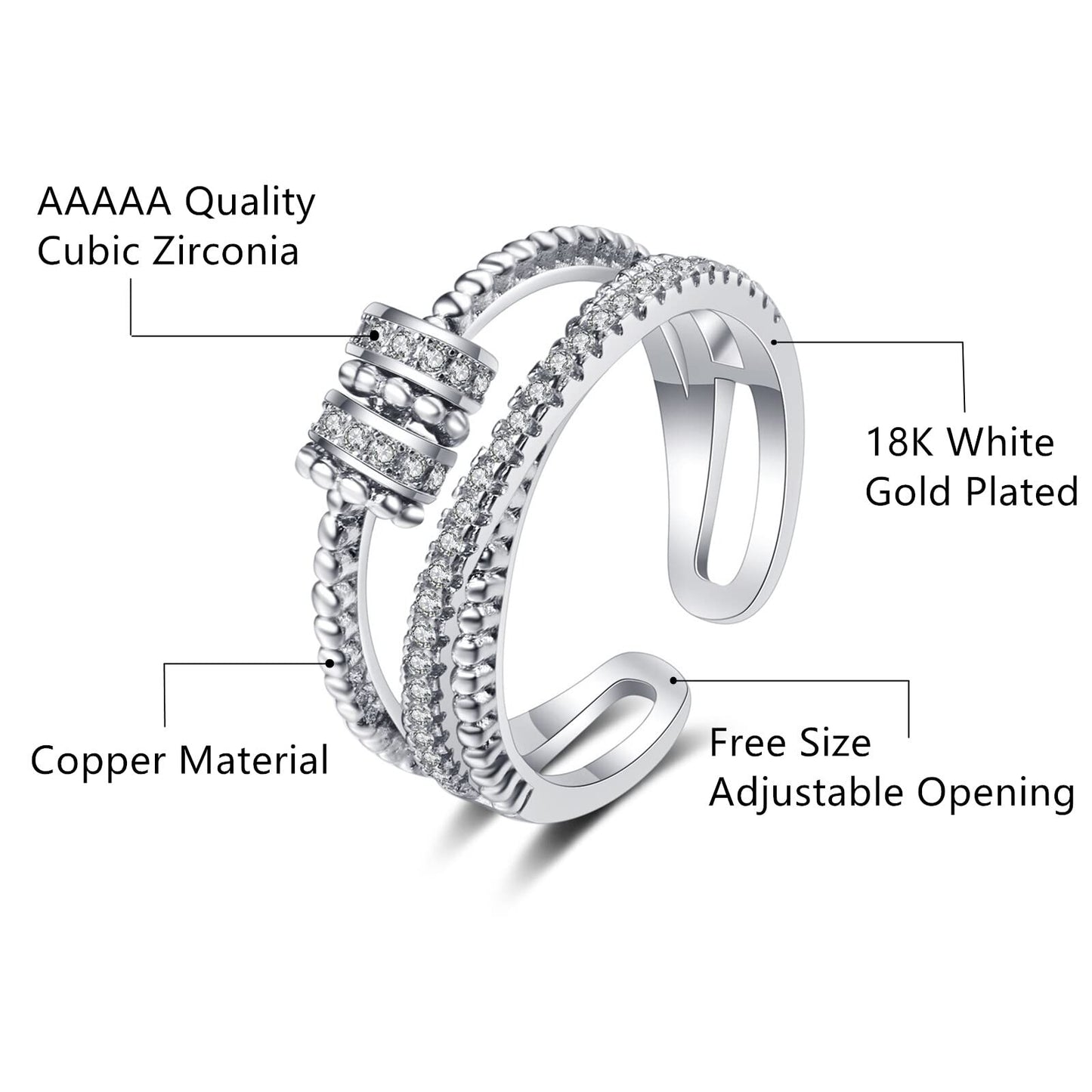 Anxiety Ring For Daughter, 18K White Gold Fidget Ring For Daughter From Mom To My Daughter Cubic Zirconia Adjustable Thumb Stres
