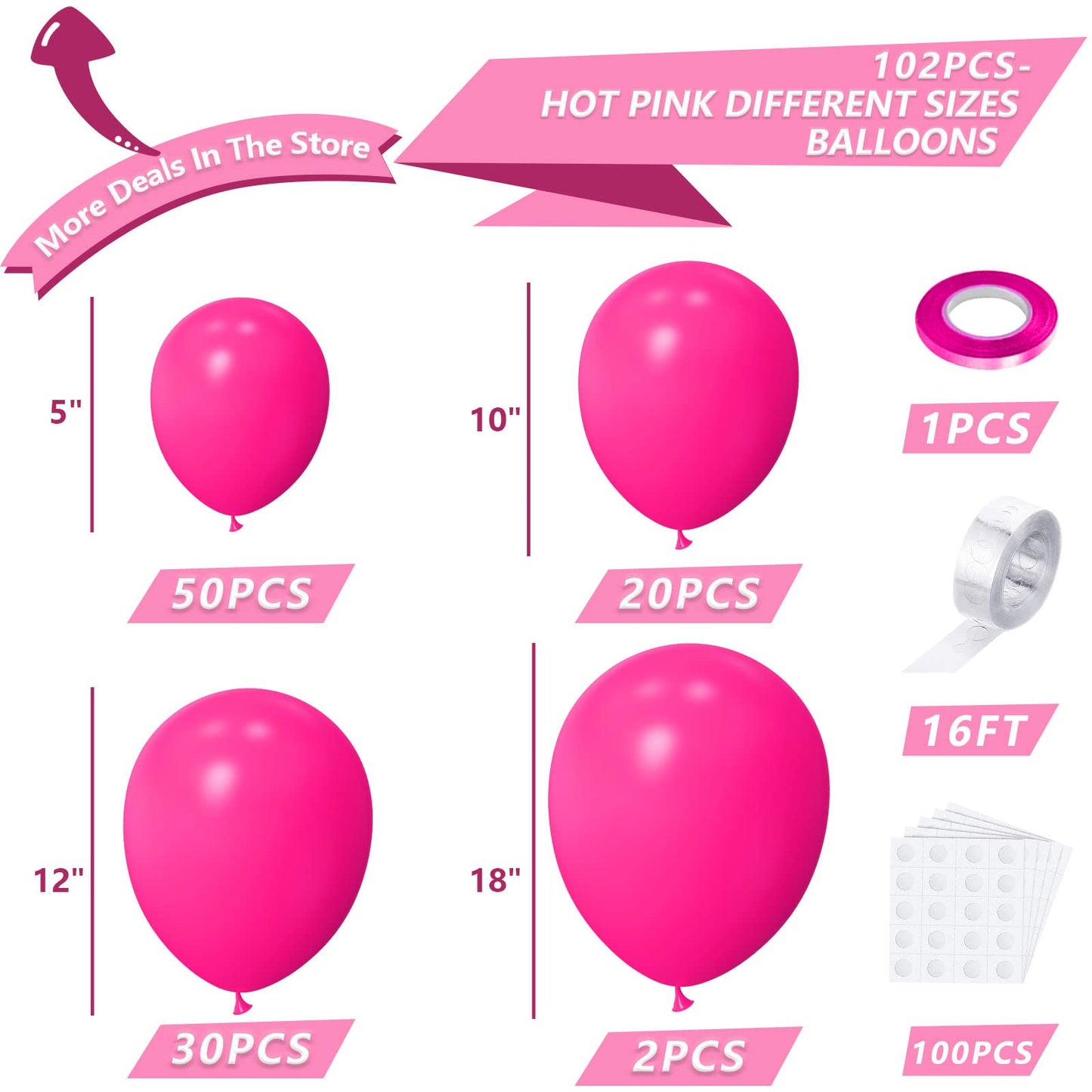 Nisocy Hot Pink Latex Balloon Arch Garland Kit, 102Pcs 18In 12In 10In 5In For Baby Shower Wedding Birthday Valentines Day Prince