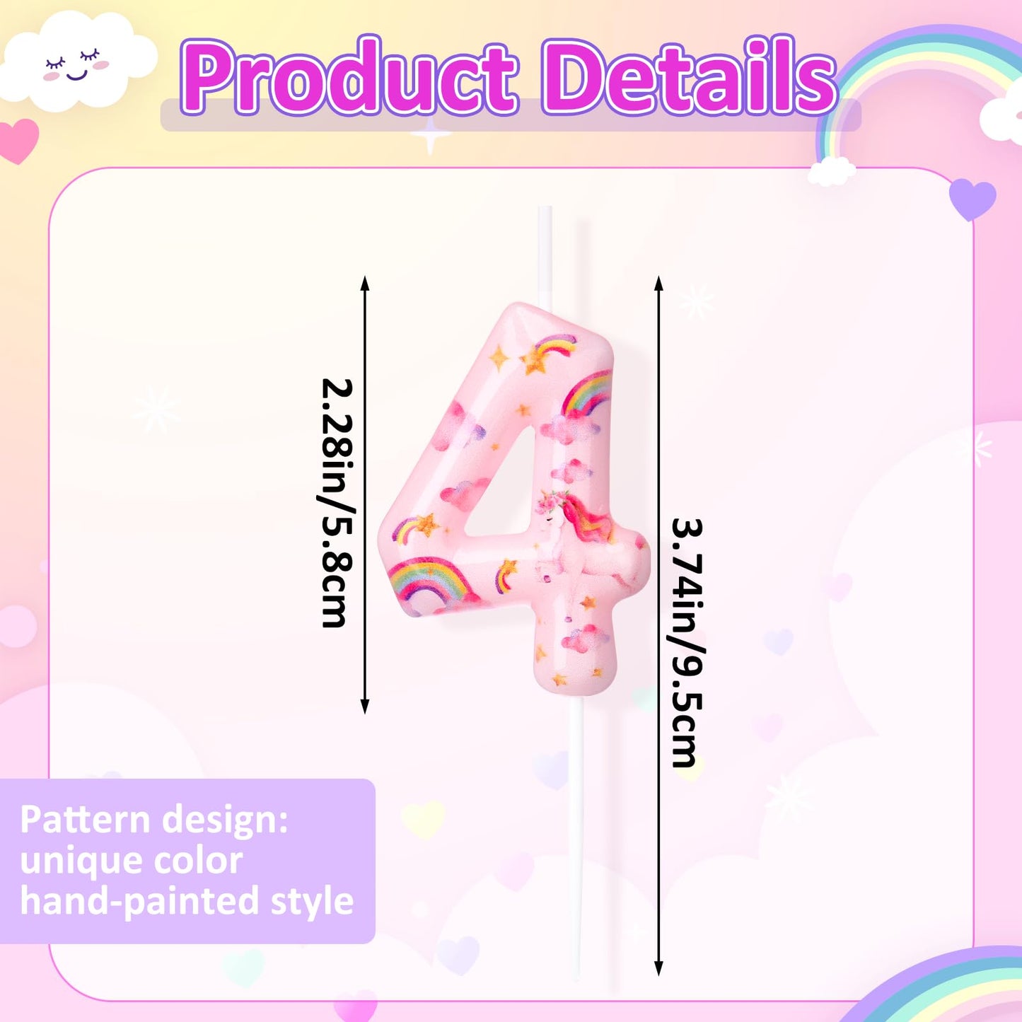 Nuanchu Number 4 Unicorn Birthday Candle Unicorn Cake Candle Rainbow Clouds and Stars Numeral Birthday Cake Topper for Girls Cut
