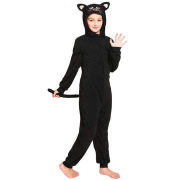 Leadtex Child Black Cat Costumes Zipper Cartoon Cat Onesie Pajamas Costume Halloween Cosplay Jumpsuit For Kids,S4-6