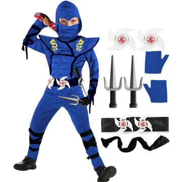 Satkull Blue Ninja Costume For Kids Ninja Deluxe Costumes Set With Ninjas Accessories For Boy Dress Up(Kids-S-4T/5T Blue)
