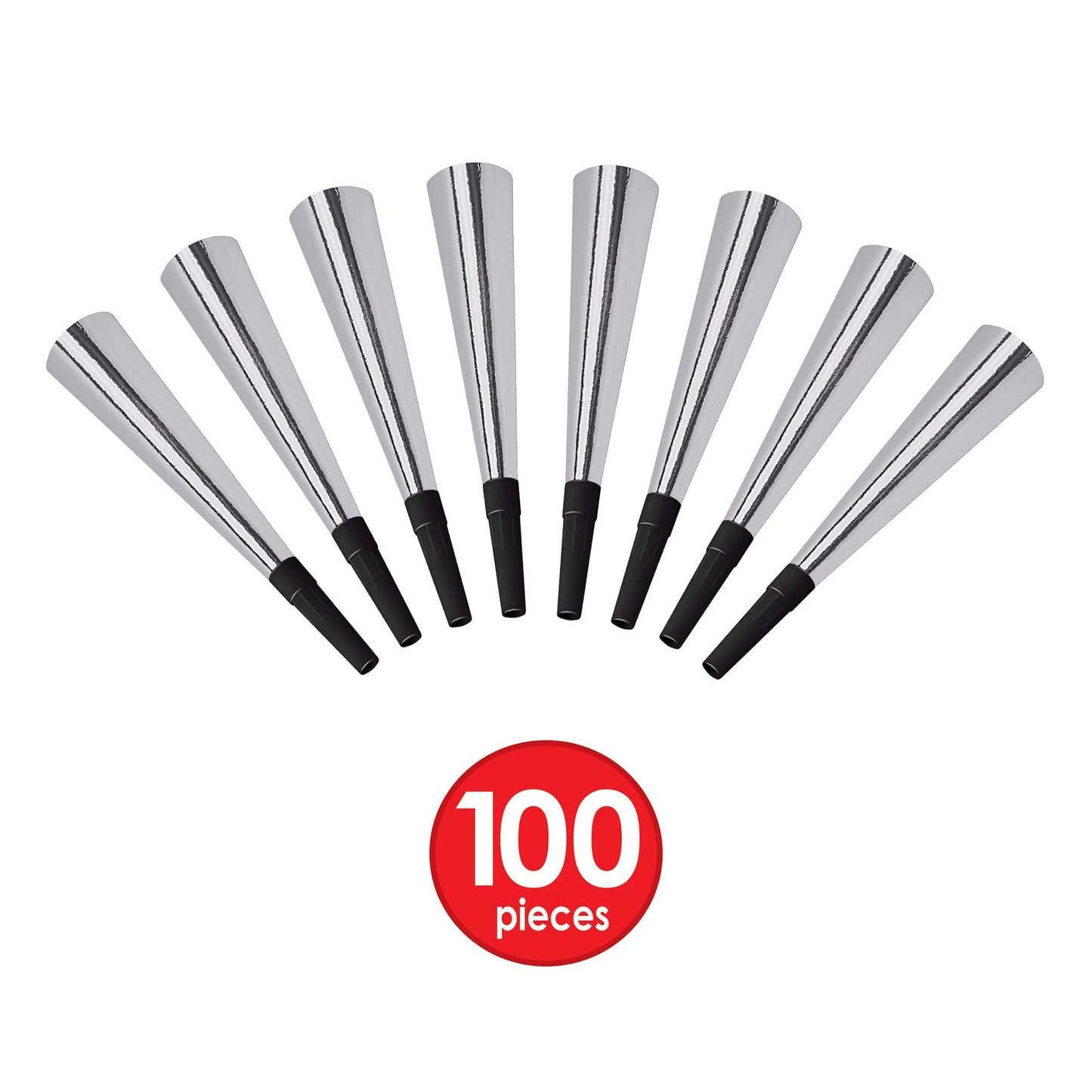 Beistle 100 Piece Sparkling Happy New Year’S Eve Noisemaker Horns Birthday Party Favors Blowouts, 9', Silver/Black