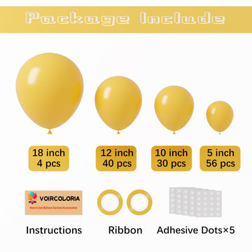 Voircoloria 130Pcs Mustard Yellow Balloons Different Sizes 18'' 12'' 10'' 5'' Lemon Yellow Latex Balloon Garland Arch Kit For Bi