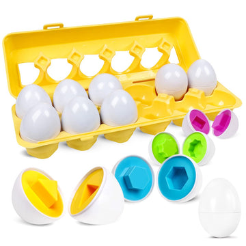 Matching Eggs Easter Egg Toy For Toddlers - Color & Shape Recognition Sorter Puzzle, Early Learning Educational Fine Motor Skill Montessori Geometric Gift For 1 2 3 Year Old Kids Boys Girls (12Pcs)