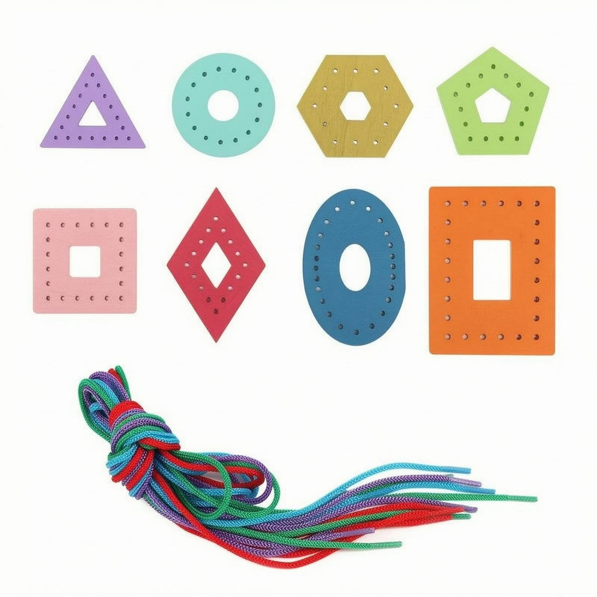 CLOVRIX PrePunched Holes Shape Threading Board Set Multicolor Ropes Geometric Lacing Boards Rounded Cutout Openings Wooden Thre