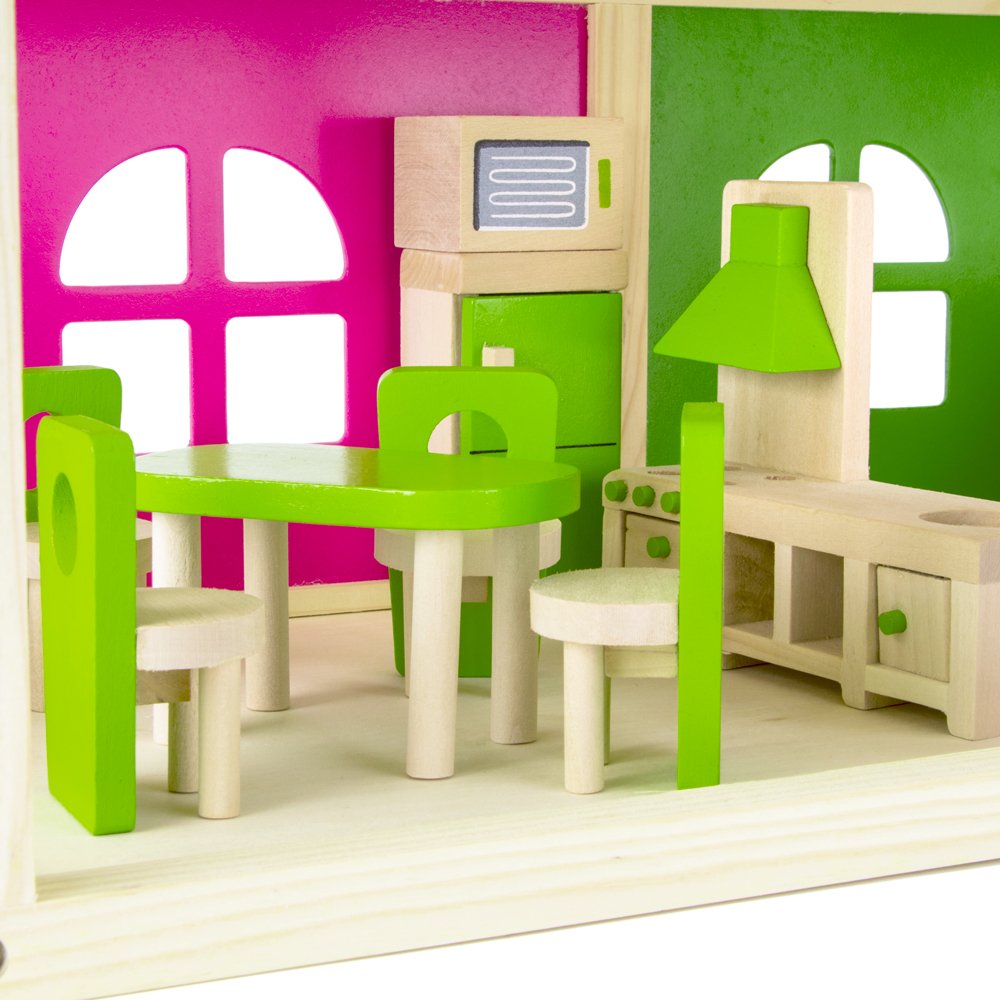 Wooden Dollhouse Furniture|Made Of Safe Wood And Bright Water-Based Paint|Compatible With Most Doll Houses|Eat-In Kitchen