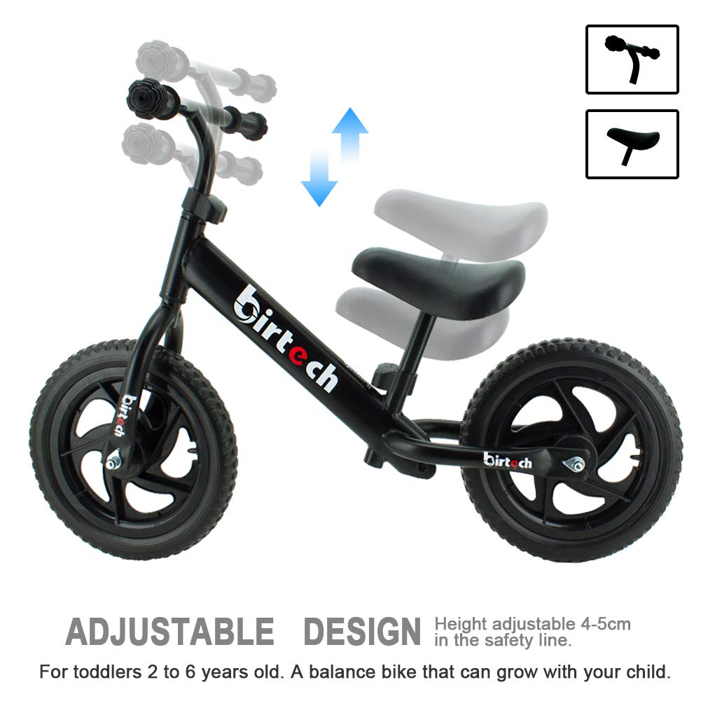Birtech Balance Bike for Kids, 12" Carbon-Steel, Black, Adjustable Seat Height, No Pedal, Airless Tire, for Ages 2-5