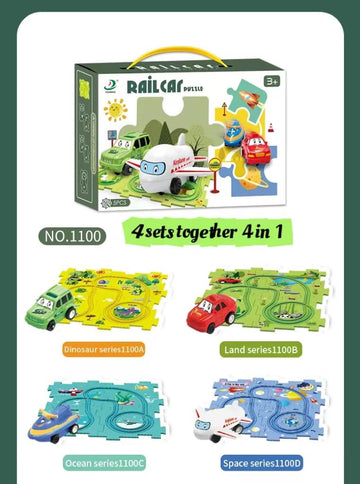 RAESOUL 4 Sets 4in1 Puzzle Racer Car Track Set - Jigsaw Puzzle Play Set for Kids, Perfect Christmas & Birthday Gift for Boys & Girls