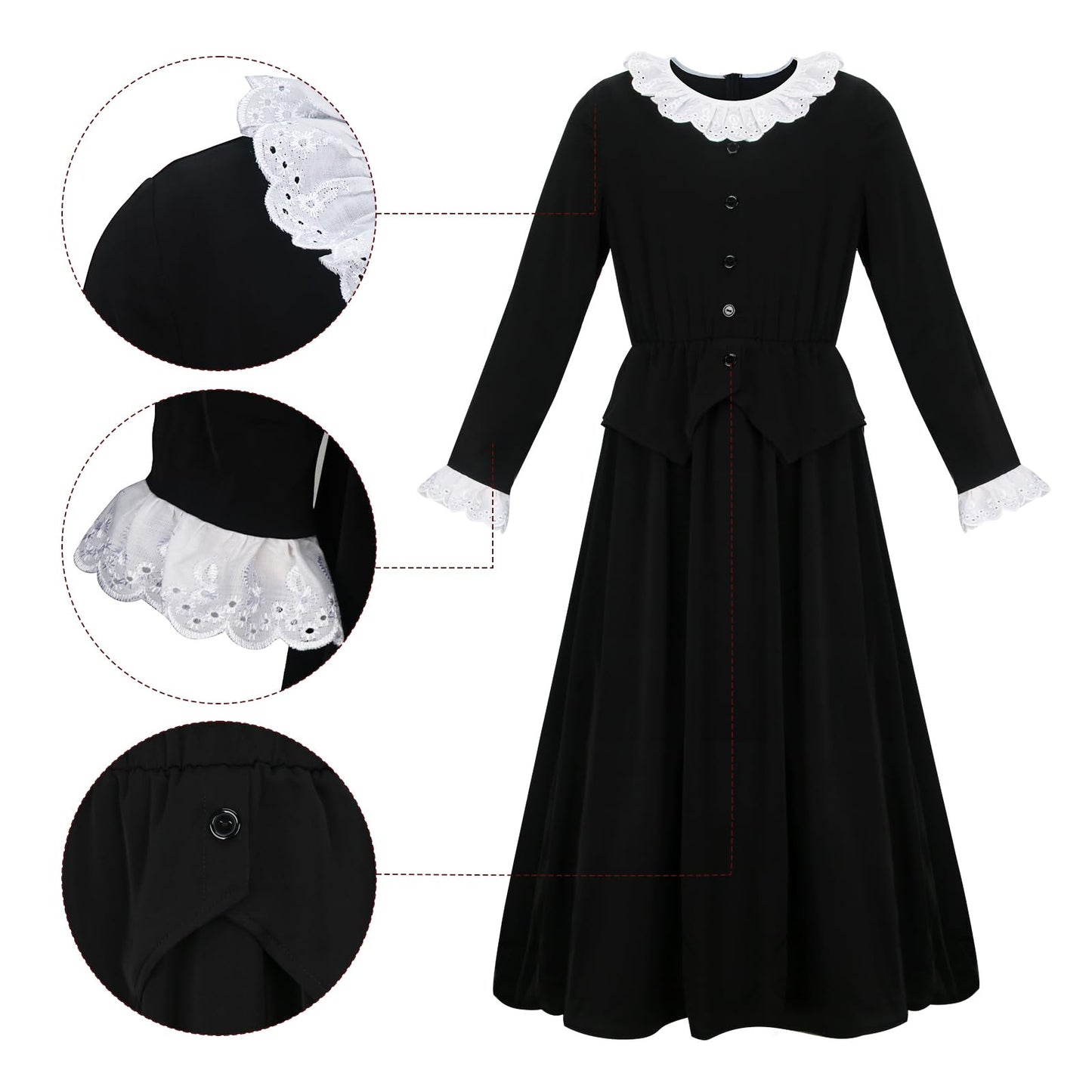 Vikidoky Kids Girl Harriet Tubman Dress Costume Ruffled Doll Collars Black Slave Button Outfit Halloween Cosplay Suit (130)