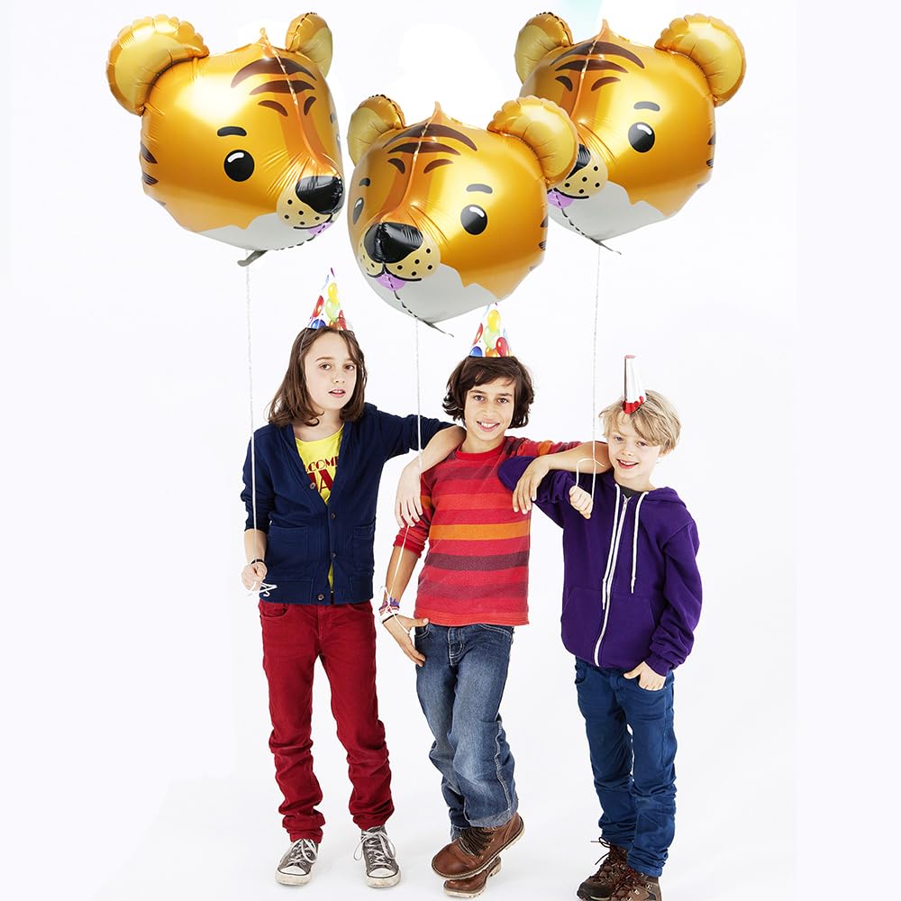 4D Wild Woodland Jungle Tiger Head Balloons Farm Zoo Safari Animal Tiger Balloons, 4 Pack 23'' Tiger Helium Mylar Foil Balloons
