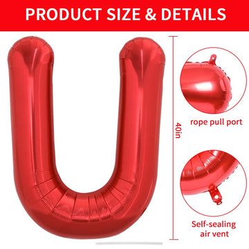 Toniful 40 Inch Large Bright Red Letter Balloons A-Z, Giant Jumbo Helium Foil Mylar Big Letter U Balloons For Birthday Party Ann