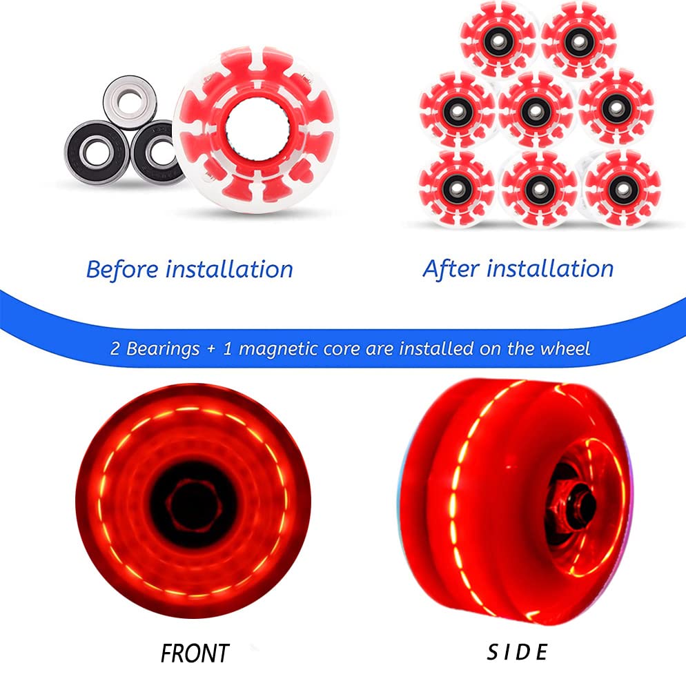 Nezylaf 8 Pack 78A Light up Roller Skate Wheels 32  5836  65mm  Luminous Skate Wheels with Bearings Installed for Indoor or Outdoor Double Row Skating and Skateboard Accessories