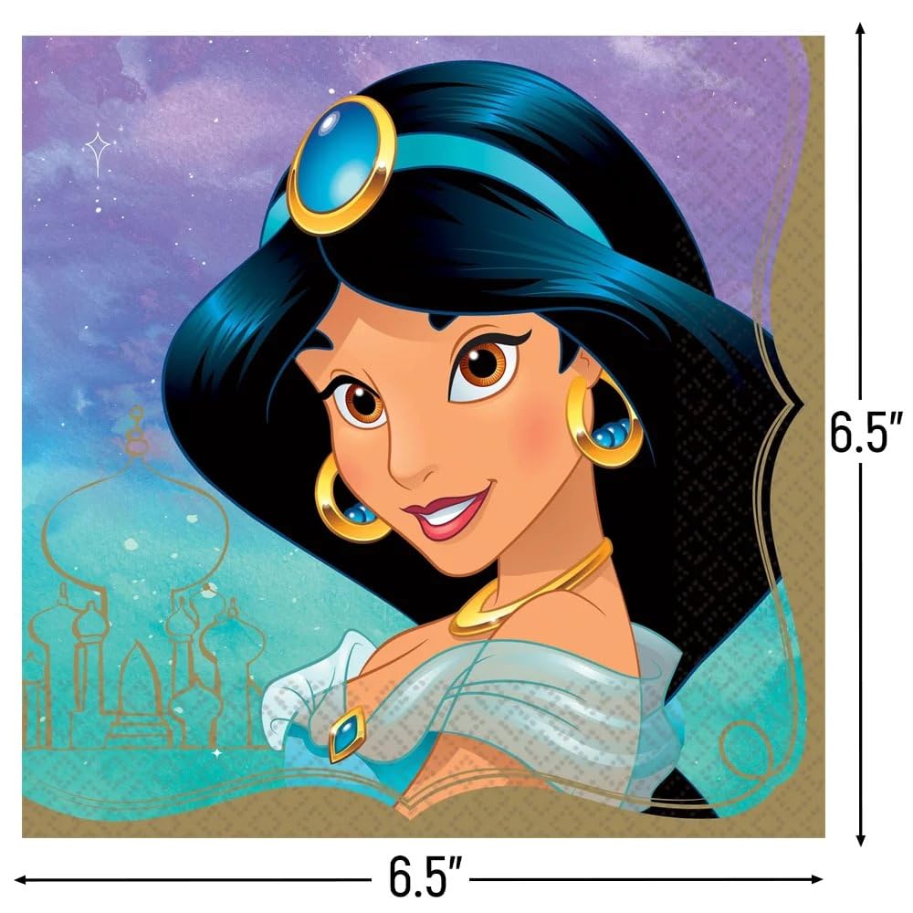 Amscan Disney Princess Napkins, 6.5" Deluxe Paper Napkins, Multicolor, 16-Pack - Jasmine Theme