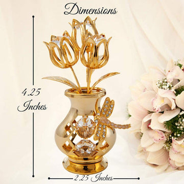 Matashi Valentine'S Day Gift For Her - Flower Bouquet Vase With Dragonfly, Clear Crystal Studded 24K Gold Plated Tabletop Ornament For Women, Mom, Daughter, Friends & Family