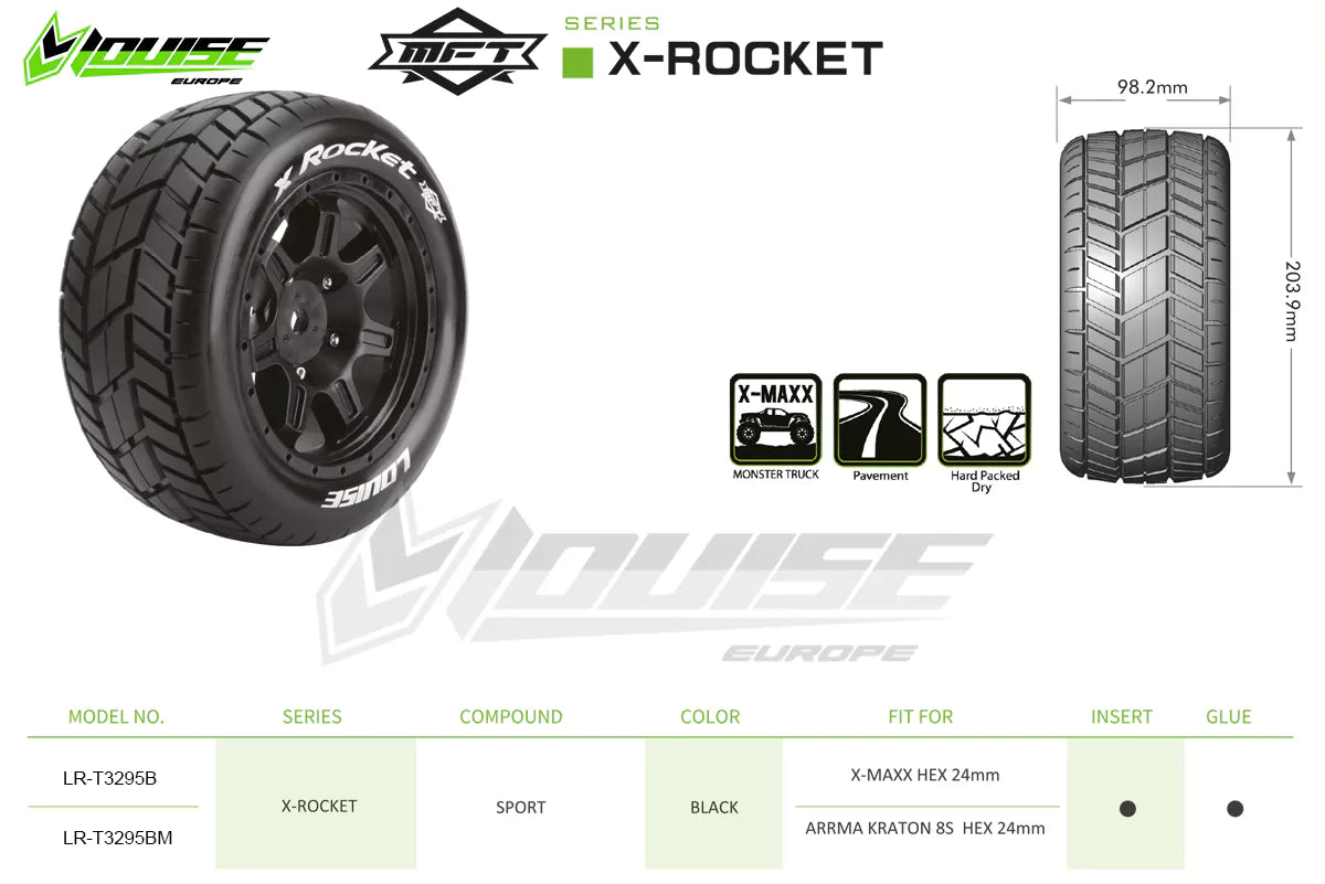 Louise R/C MFT X-Rocket Belted Monster Truck Tires Mounted 24mm Hex Pair for Arrma Kraton 8S