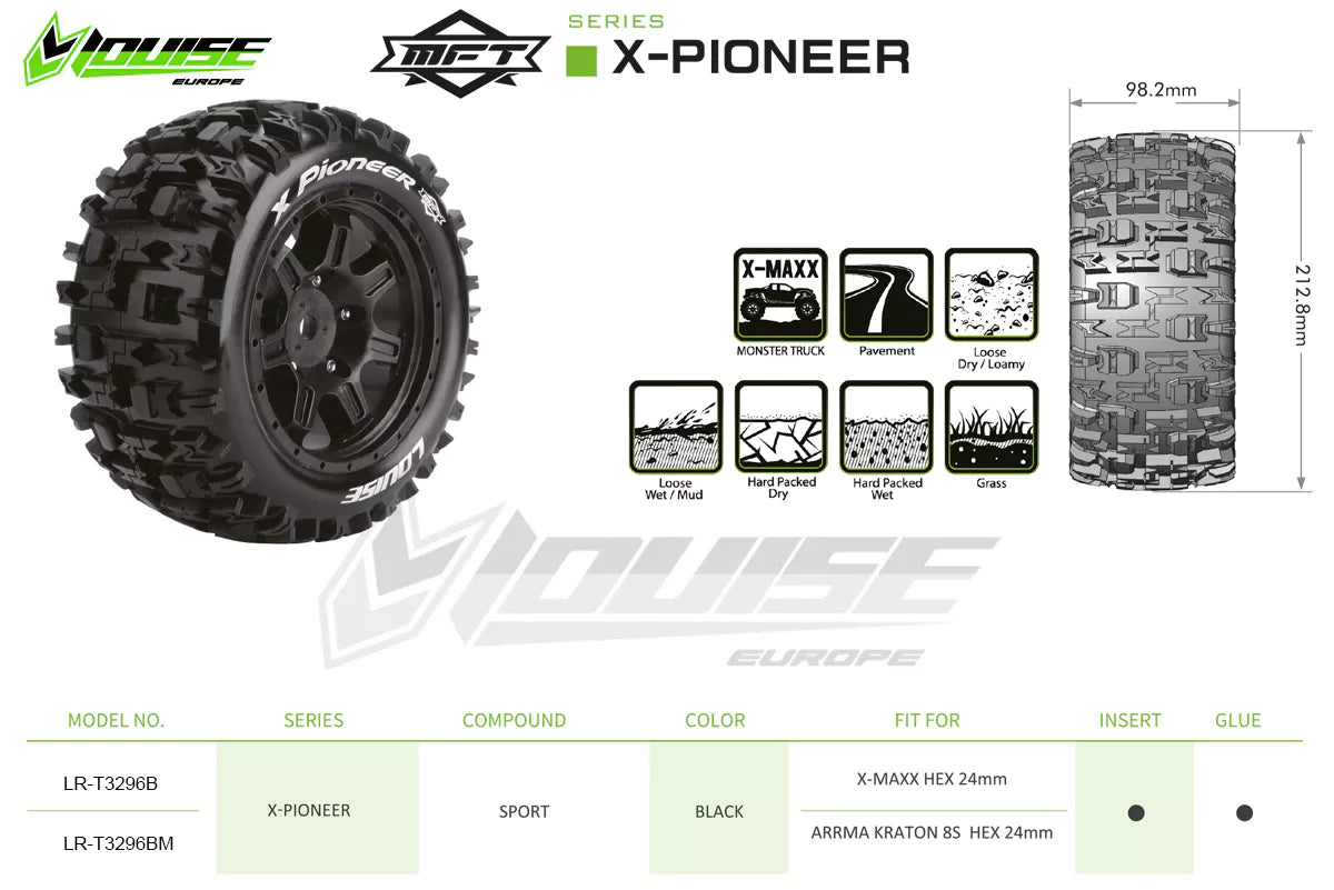 Louise R/C MT-Pioneer Sport MFT Monster Truck Belted Tires Mounted 24mm Hex Pair for Traxxas X-MAXX