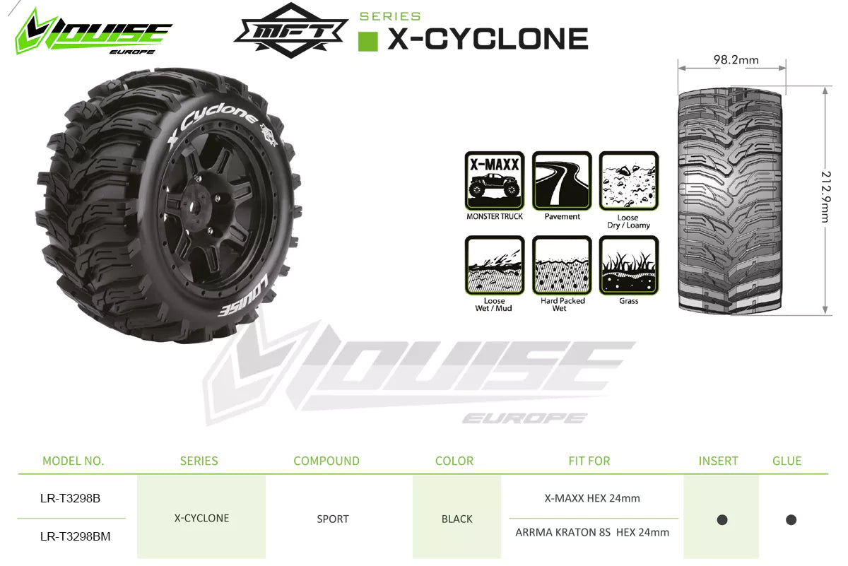 Louise R/C MFT X-Cyclone Belted Monster Truck Tires Mounted 24mm Hex Pair for Arrma Kraton 8S