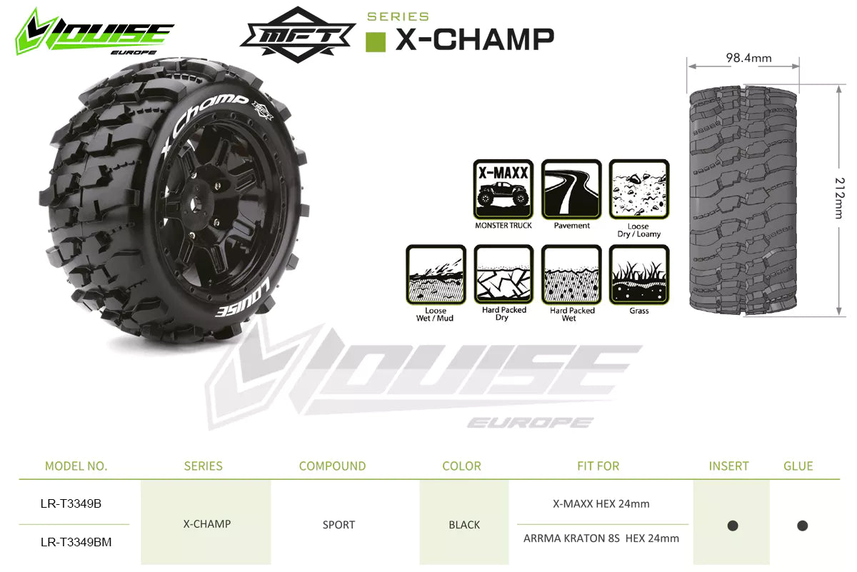 Louise R/C MFT X-Champ Monster Truck Belted Tires 24mm Hex Pair for Traxxas X-MAXX / XRT