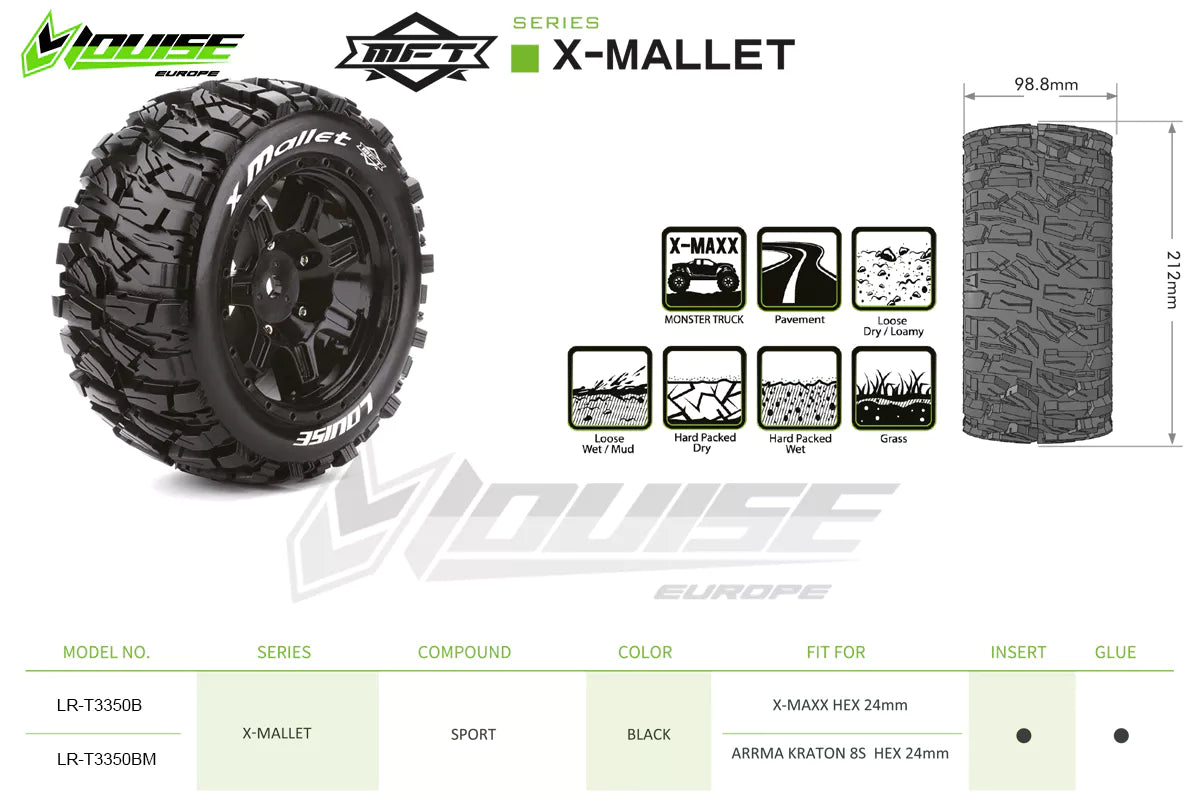 Louise R/C MFT X-Mallet Belted Monster Truck Tires Mounted 24mm Hex Pair for Arrma Kraton 8S