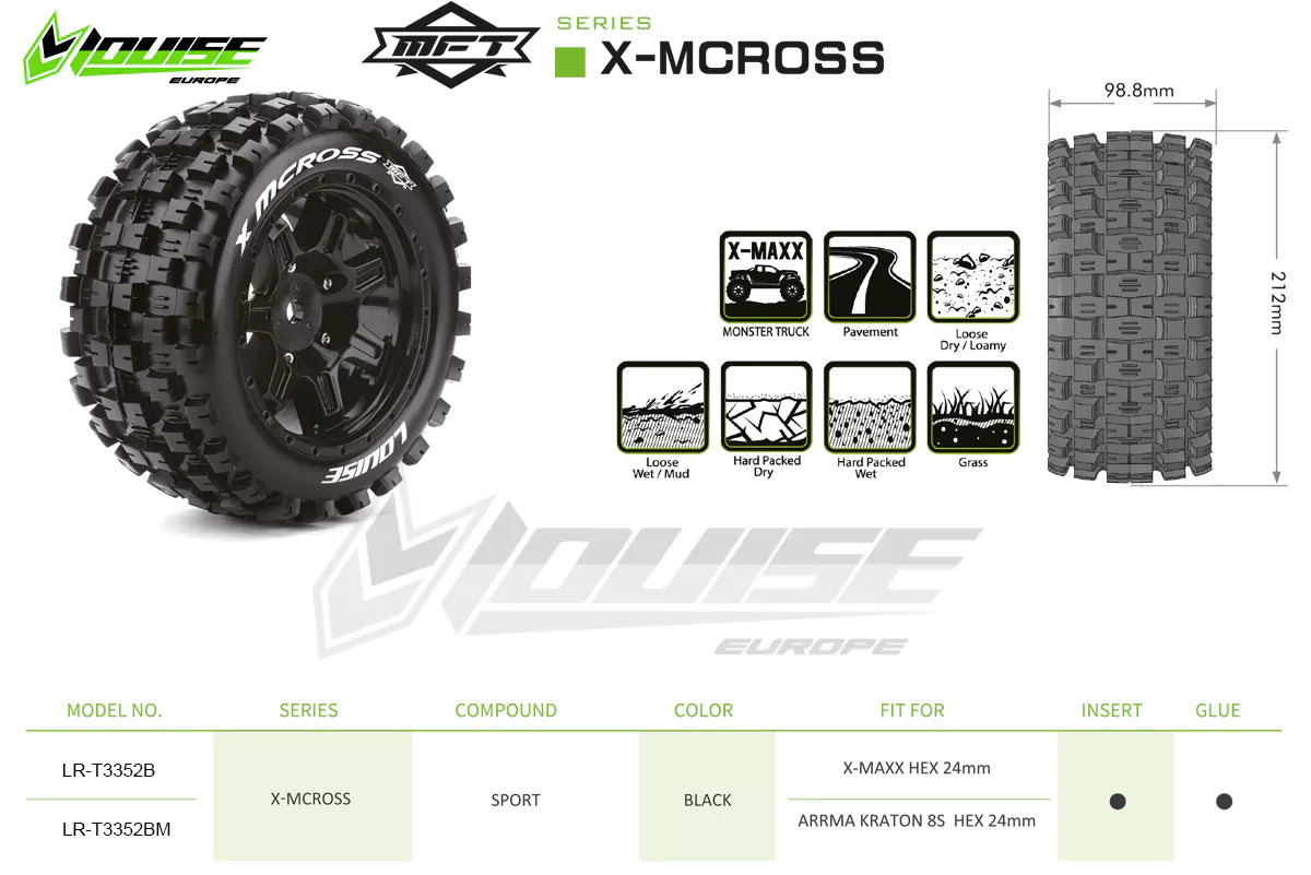 Louise R/C MFT X-Mcross Sport Belted Monster Truck Tires Mounted 24mm Hex Pair for Arrma Kraton 8S